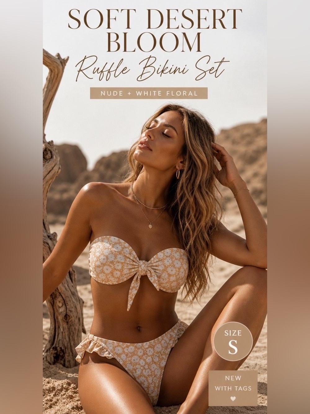 NWT Lost + Wander Floral Bandeau Bikini Set Ruffle Bottom Nude White Size S